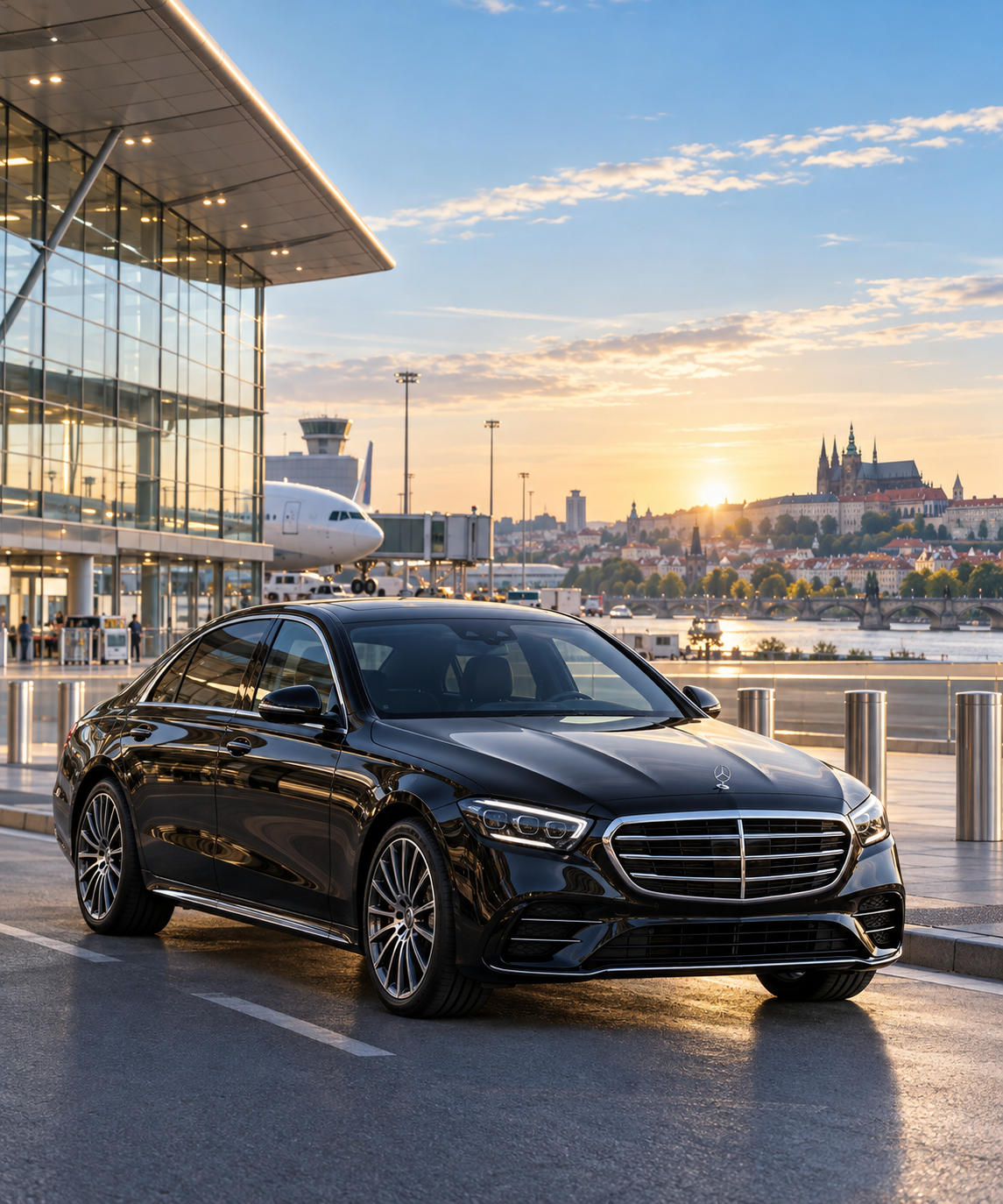 Luxury Mercedes airport transfer at sunrise